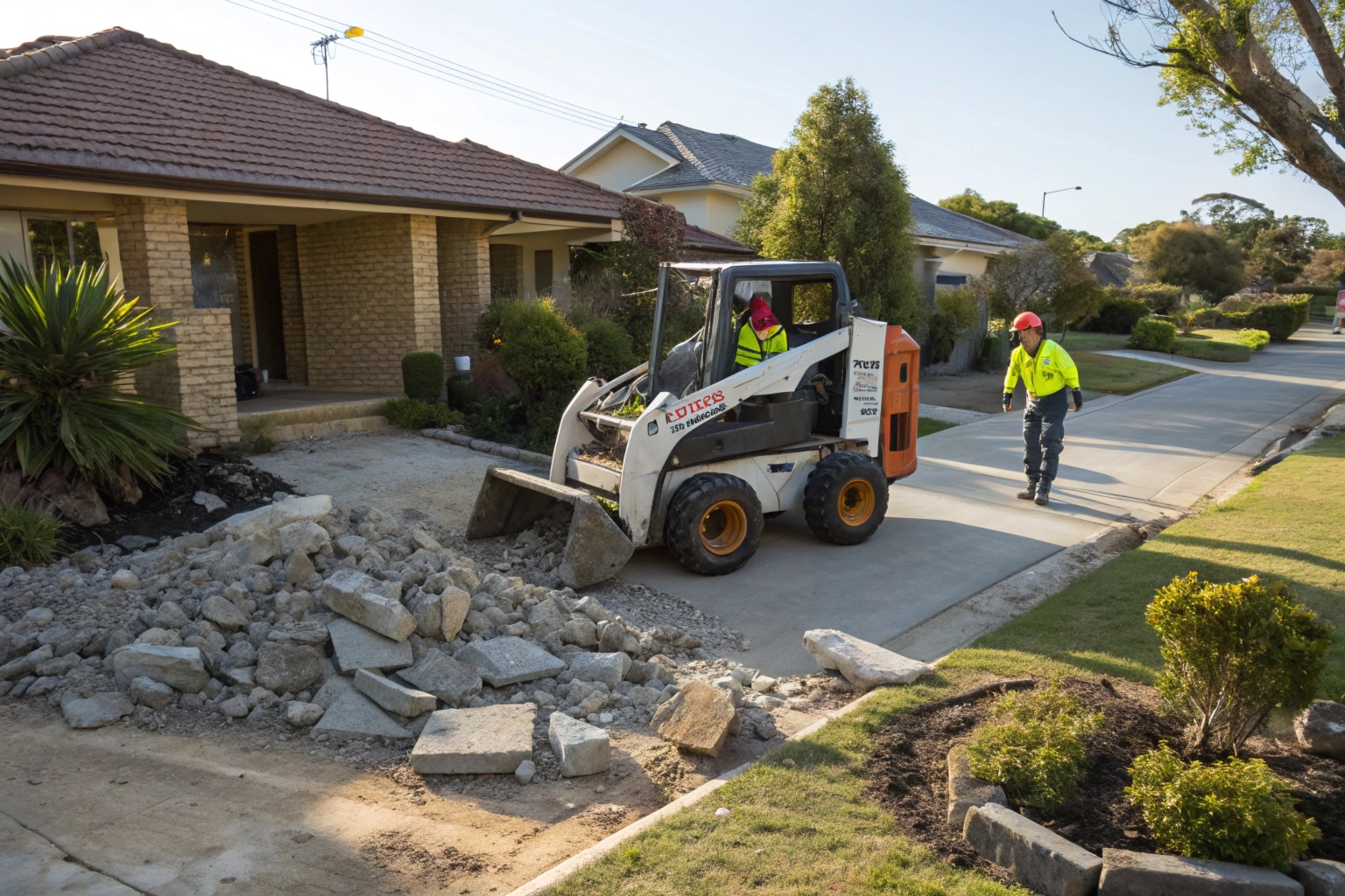 Bobcat loading broken concrete driveway rubble during residential driveway remova