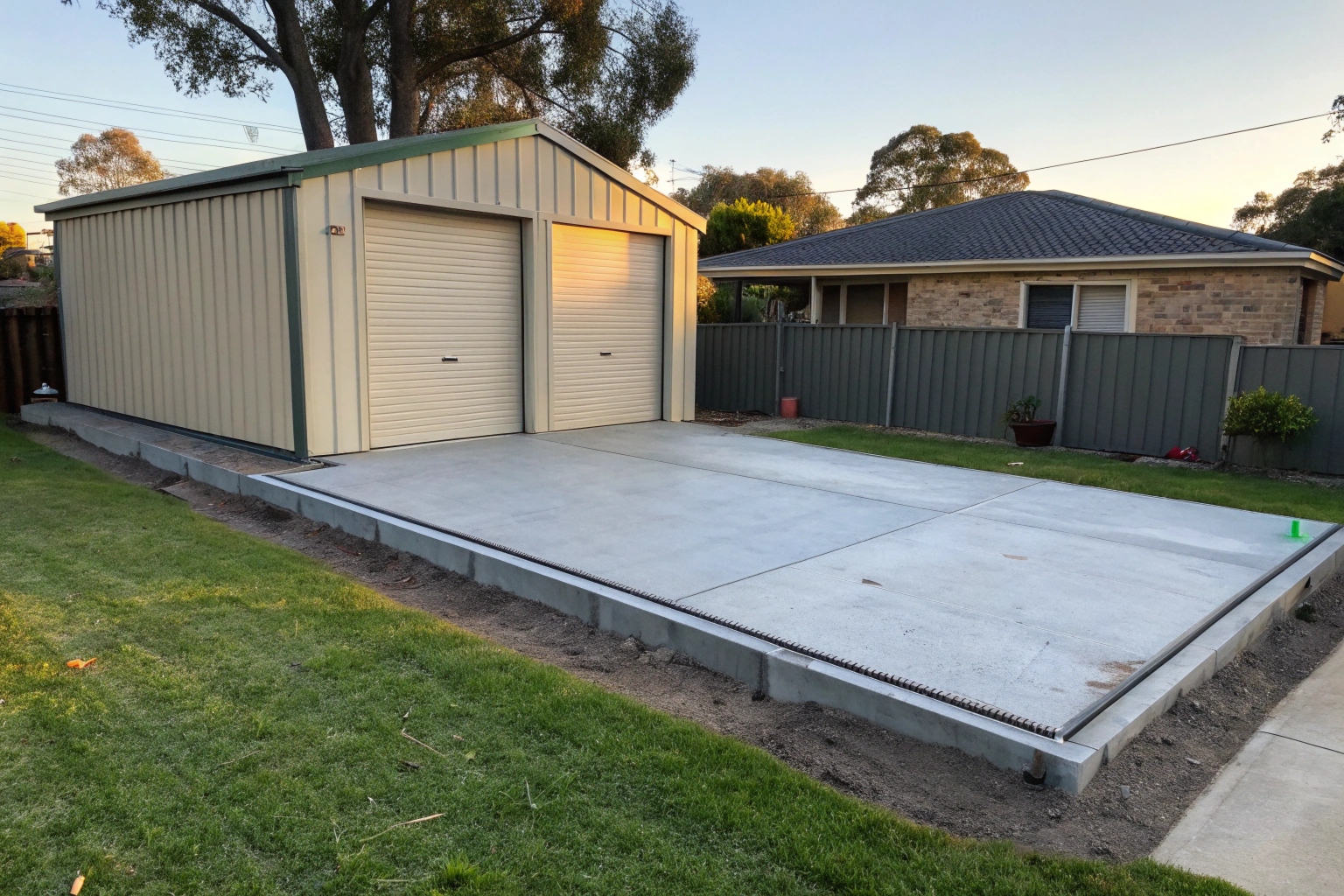 Completed concrete shed slab with new garage on residential property in Coffs Harbour