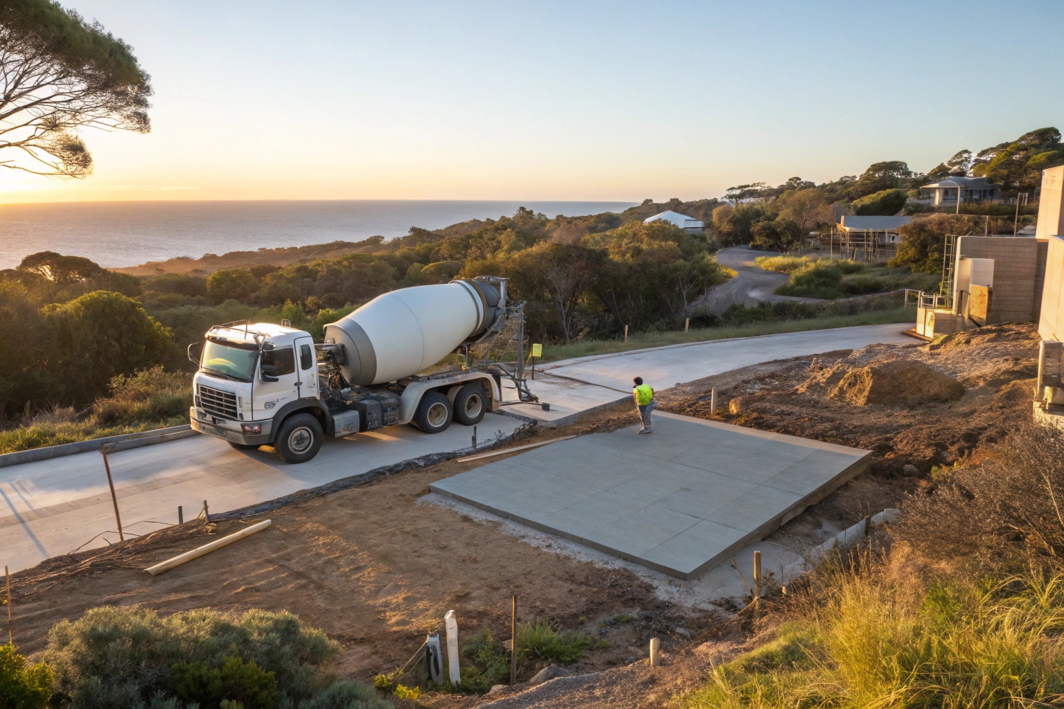 Concrete agitator truck delivering bulk concrete to a residential construction site in Coffs Harbour
