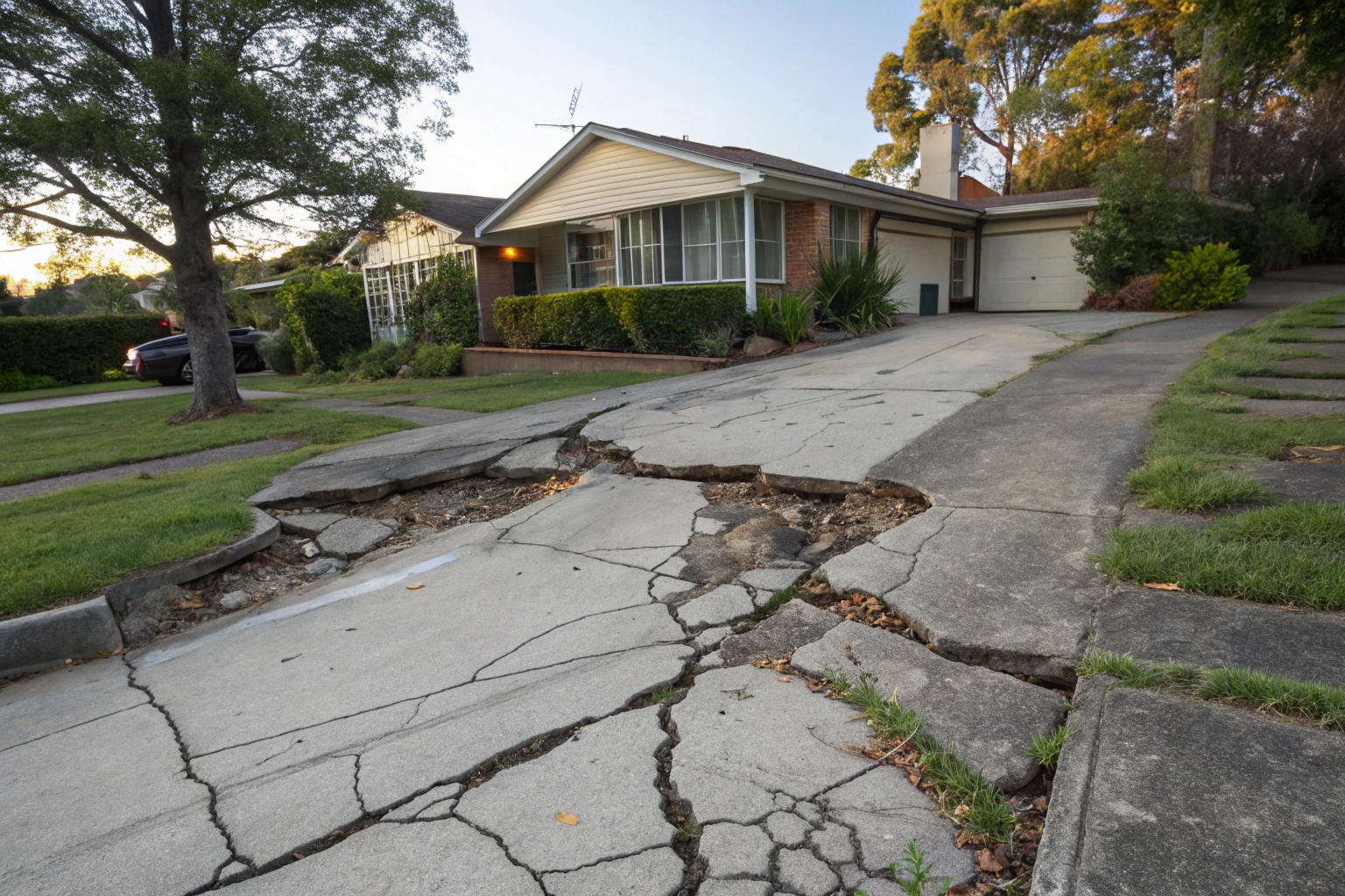 Cracked concrete driveway with tree root damage on a Coffs Harbour residential property