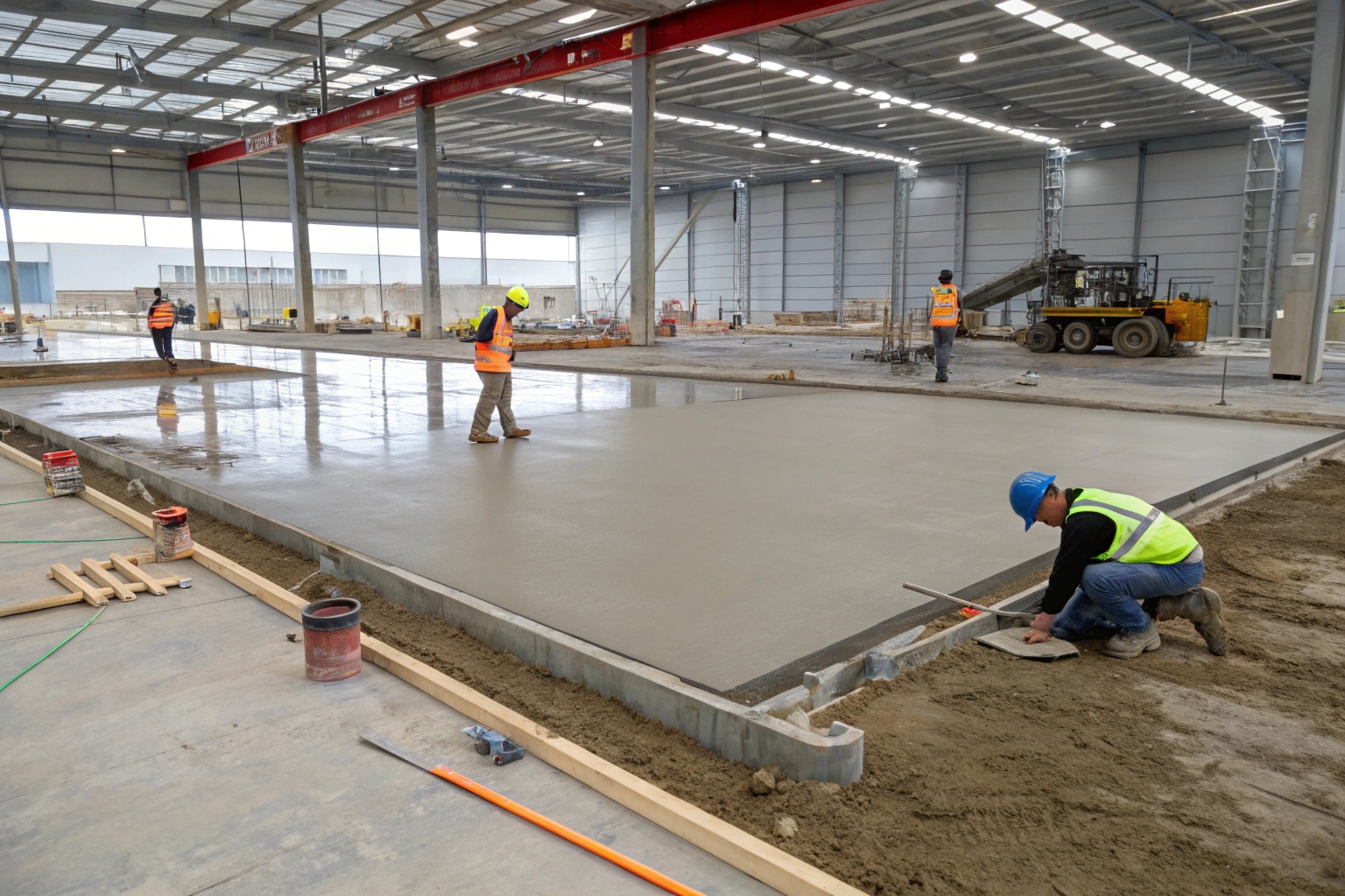 Large commercial concrete floor slab freshly poured and finished at an industrial construction site
