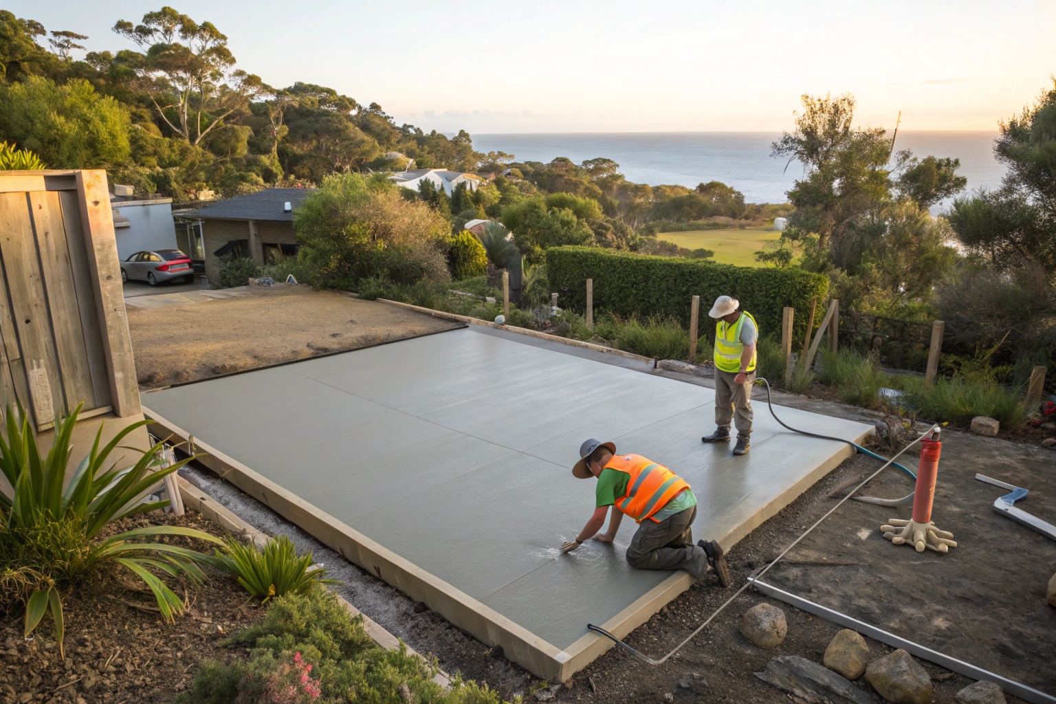 Concretor screeding a freshly poured residential slab in Coffs Harbour