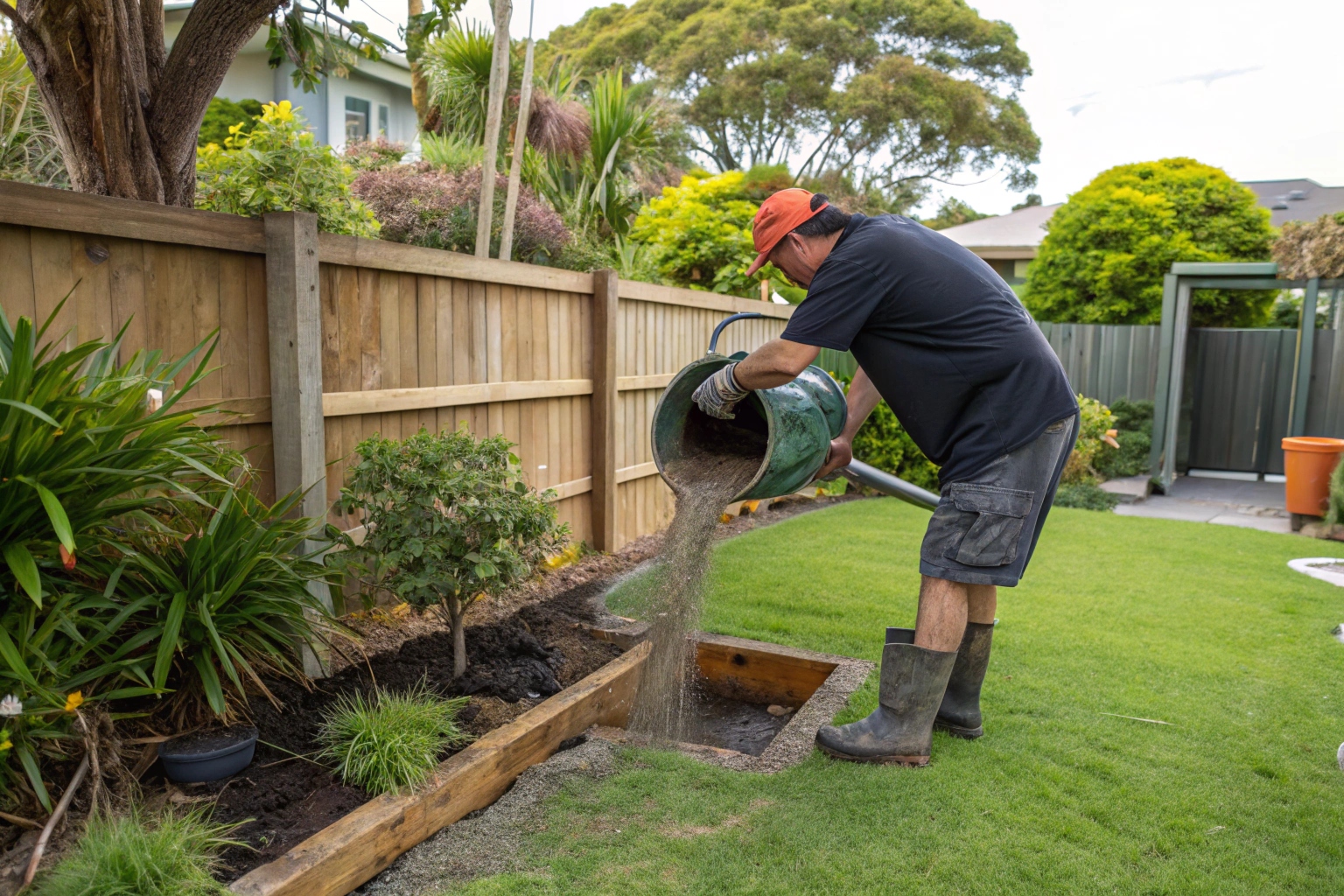Landscaper using premix concrete for a fence post hole in a Coffs Harbour backyard