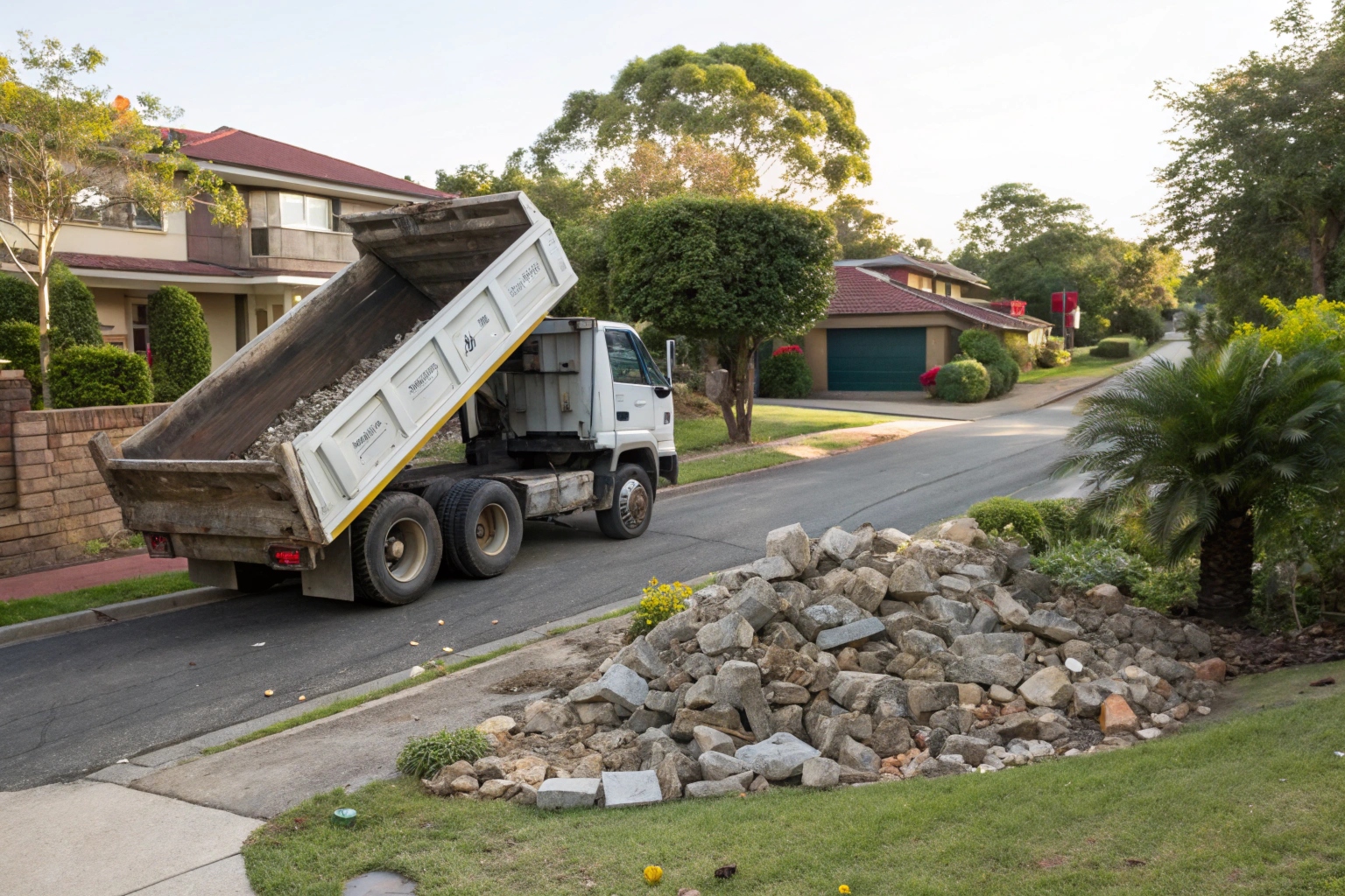 Tipper truck removing concrete rubble from residential driveway demolition job