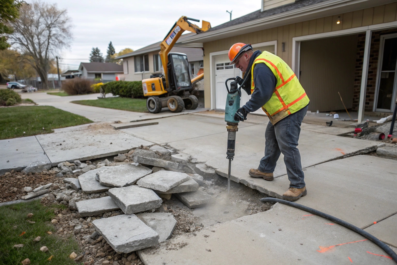 Concrete demolition contractor breaking up residential slab with hydraulic breaker