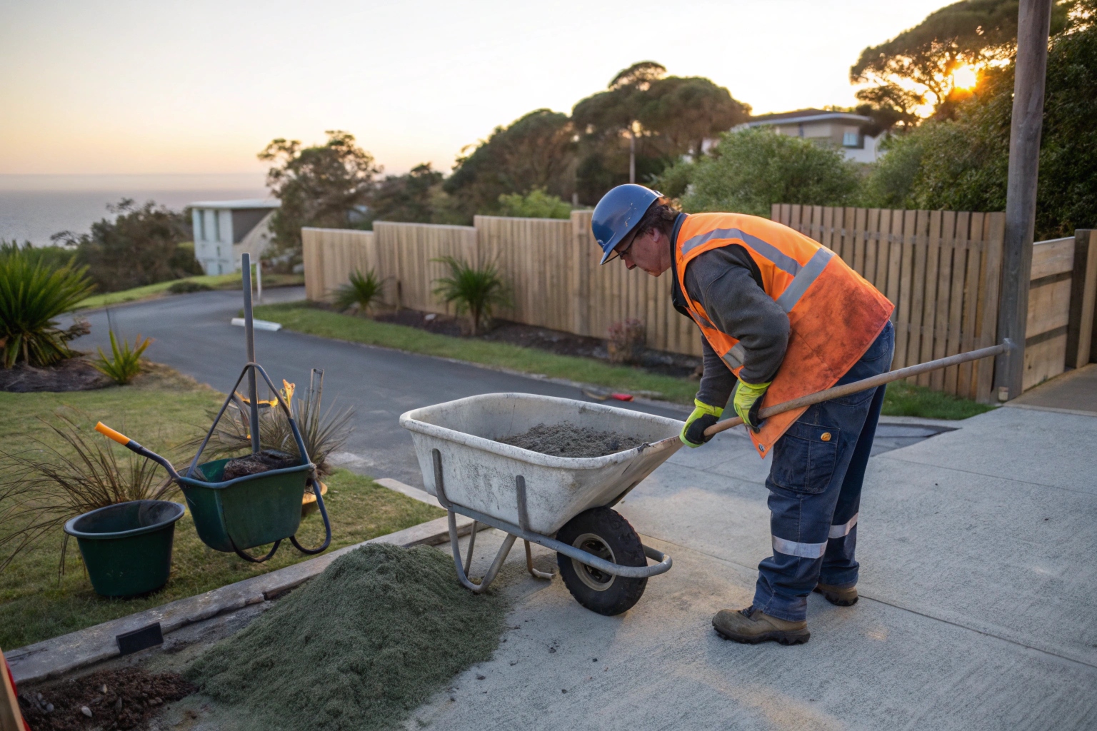 Tradie mixing premix concrete on a residential job in Coffs Harbour