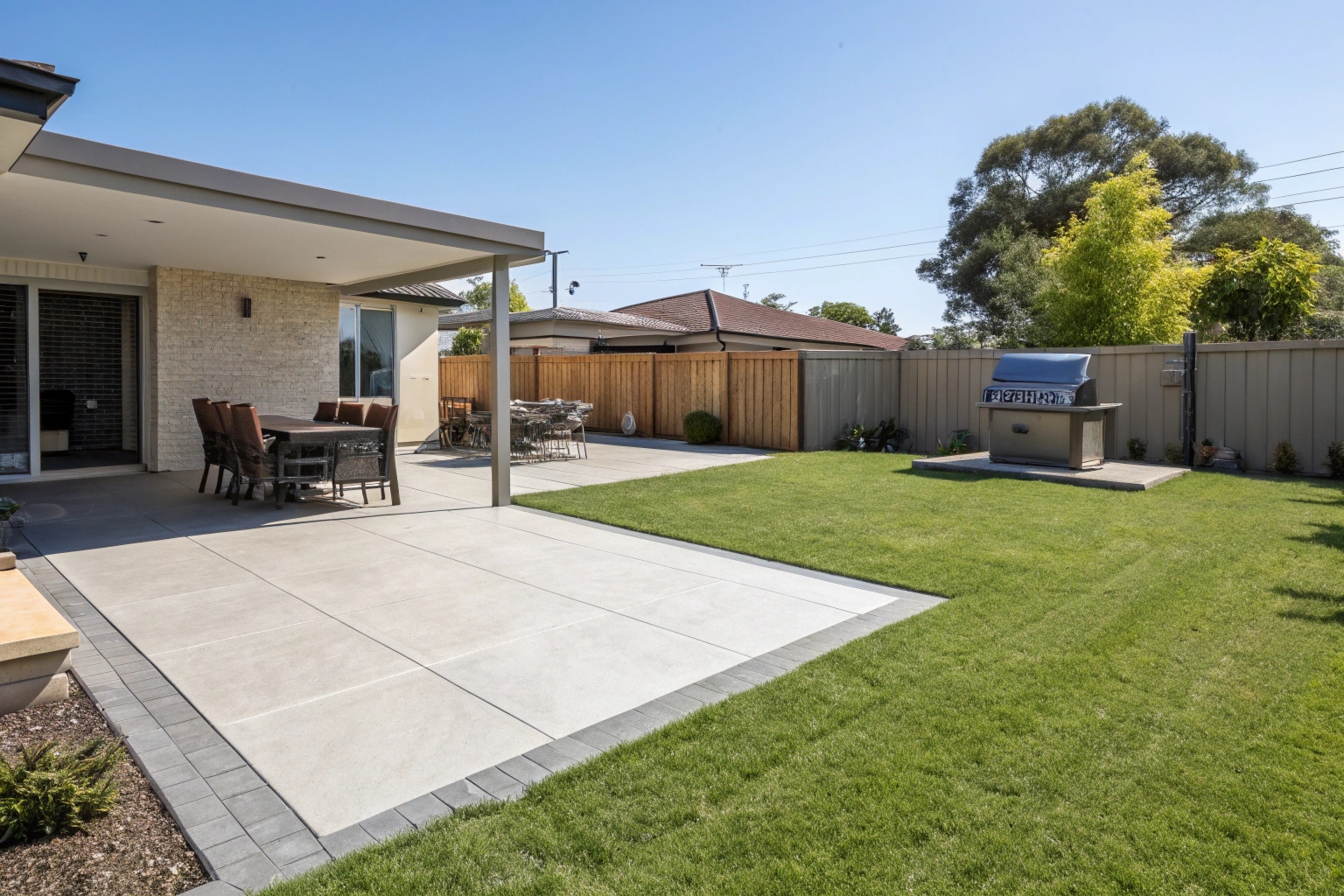 Large plain concrete patio slab with outdoor entertaining setup in a Coffs Harbour suburban backyard
