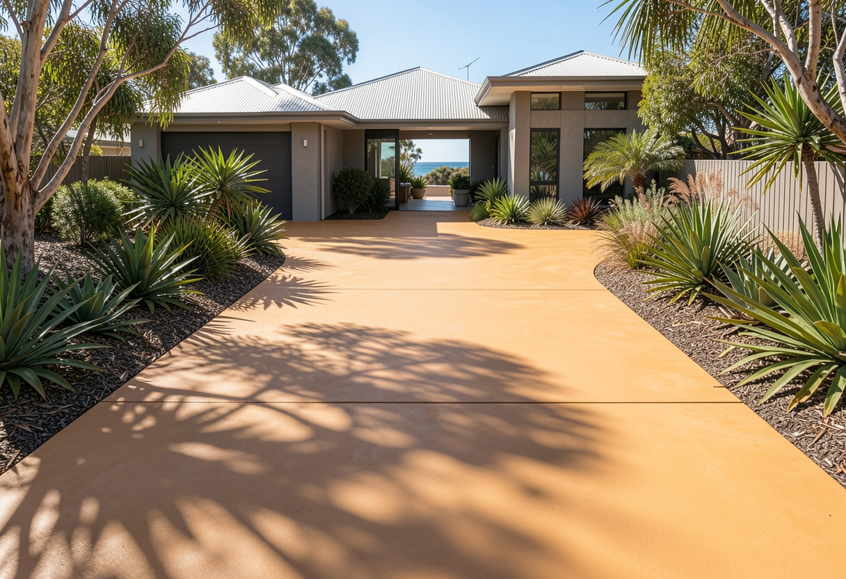 Warm buff coloured concrete driveway at a coastal Coffs Harbour home