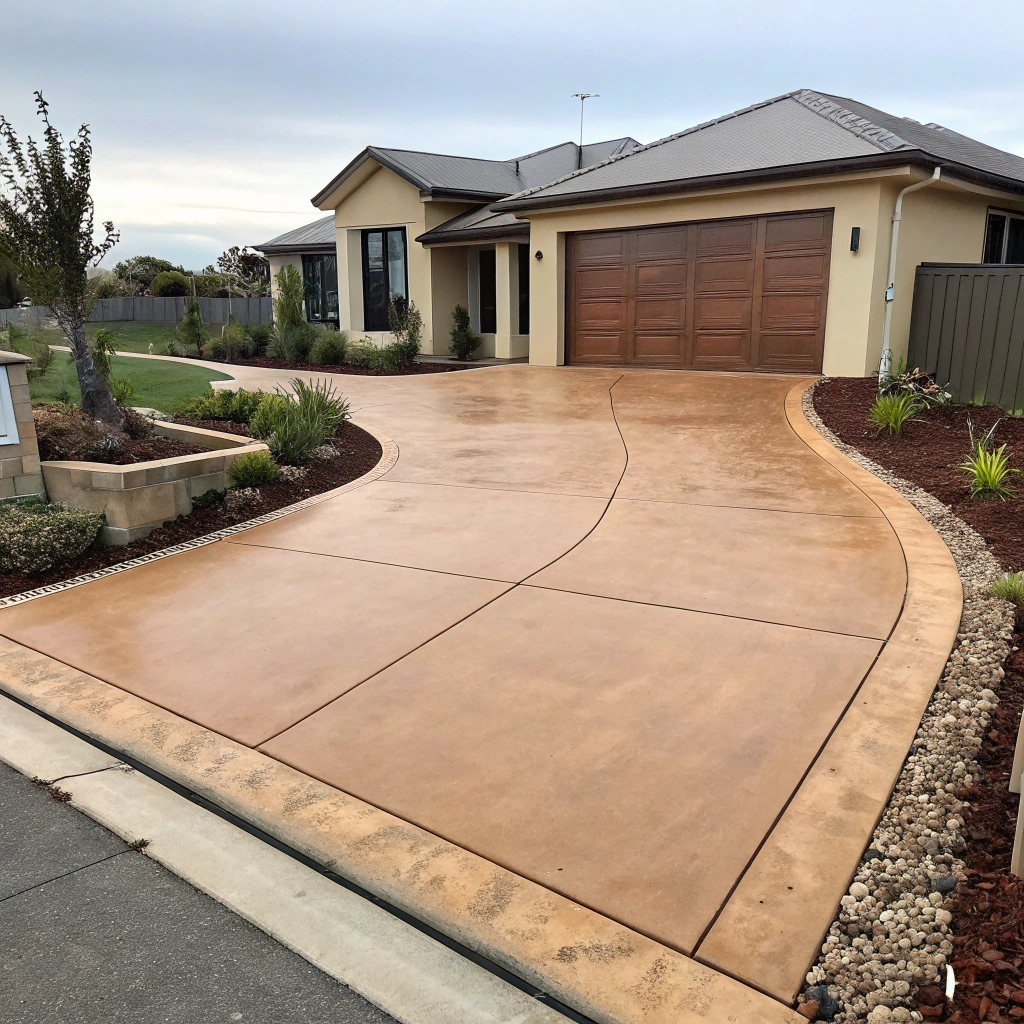 Coloured concrete driveway complementing the exterior of a residential home in Coffs Harbour