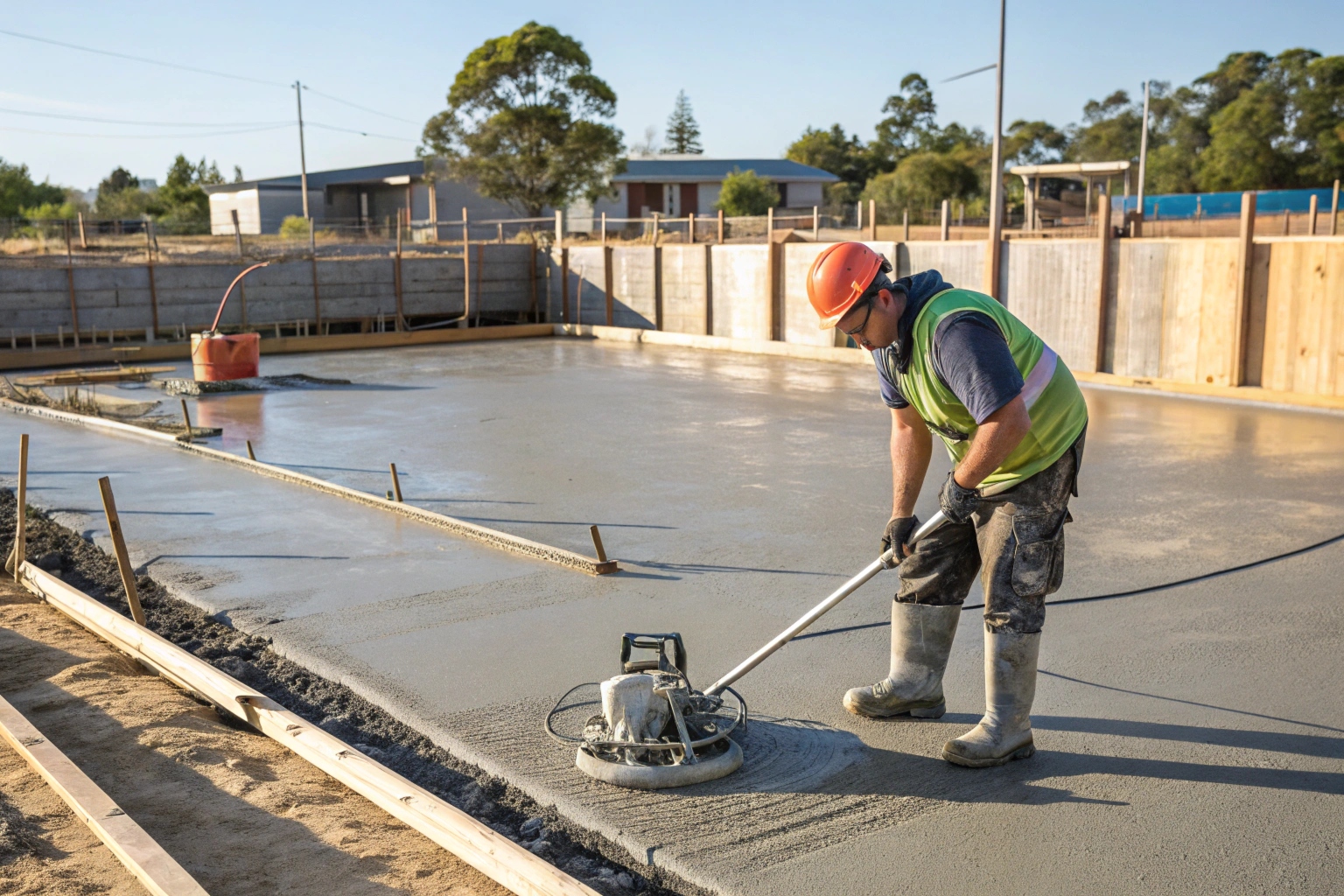 Concretor finishing a residential concrete slab foundation surface in Coffs Harbour NSW