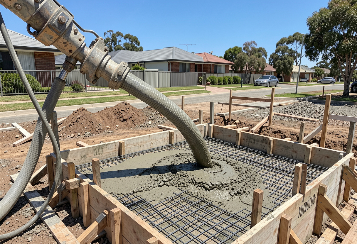 Concrete pump transferring ready mix concrete into residential formwork in Coffs Harbour