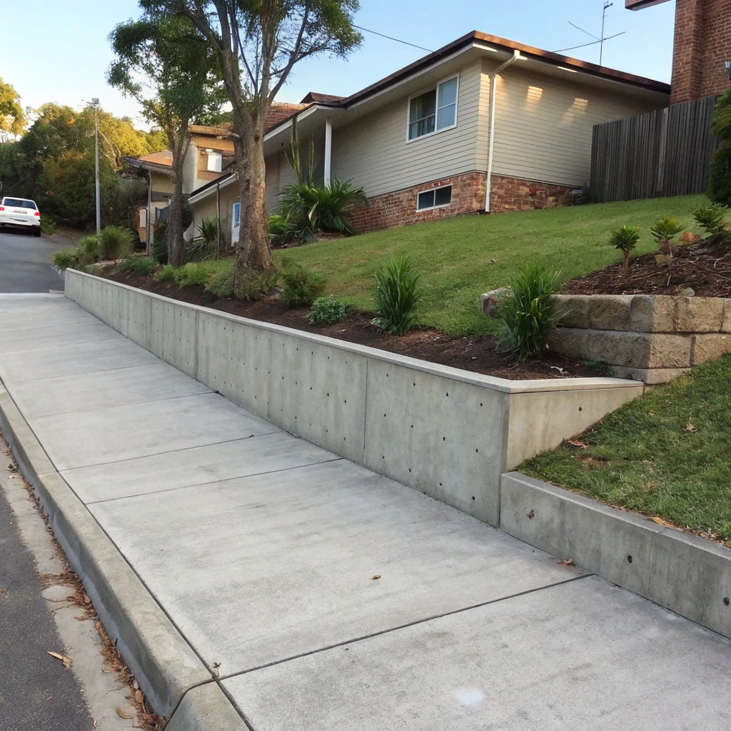 concrete-retaining-wall-driveway-sloped-block Terraced backyard with concrete retaining walls residential Coffs Harbour