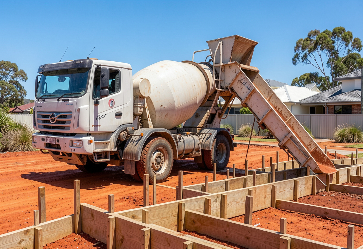 Ready mix concrete truck delivering to a residential construction site in Coffs Harbour