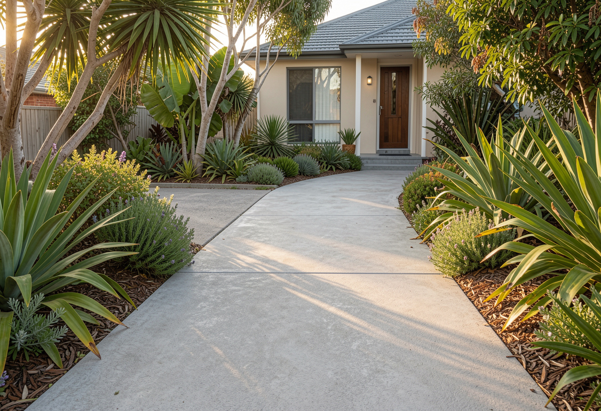 Freshly laid broom-finished concrete entry path at a residential property in Coffs Harbour