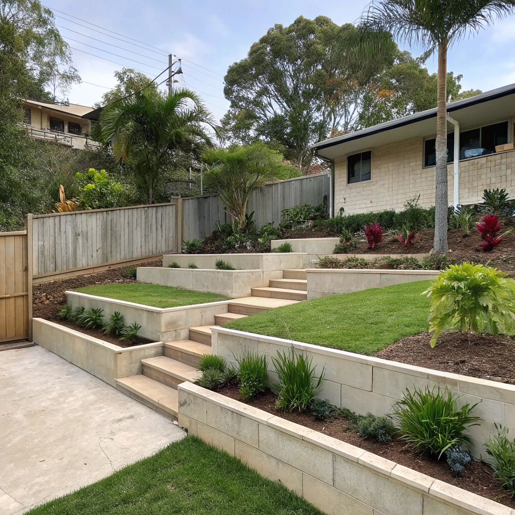 residential-concrete-retaining-wall-terraced-backyard Concrete retaining wall alongside residential driveway on sloped block