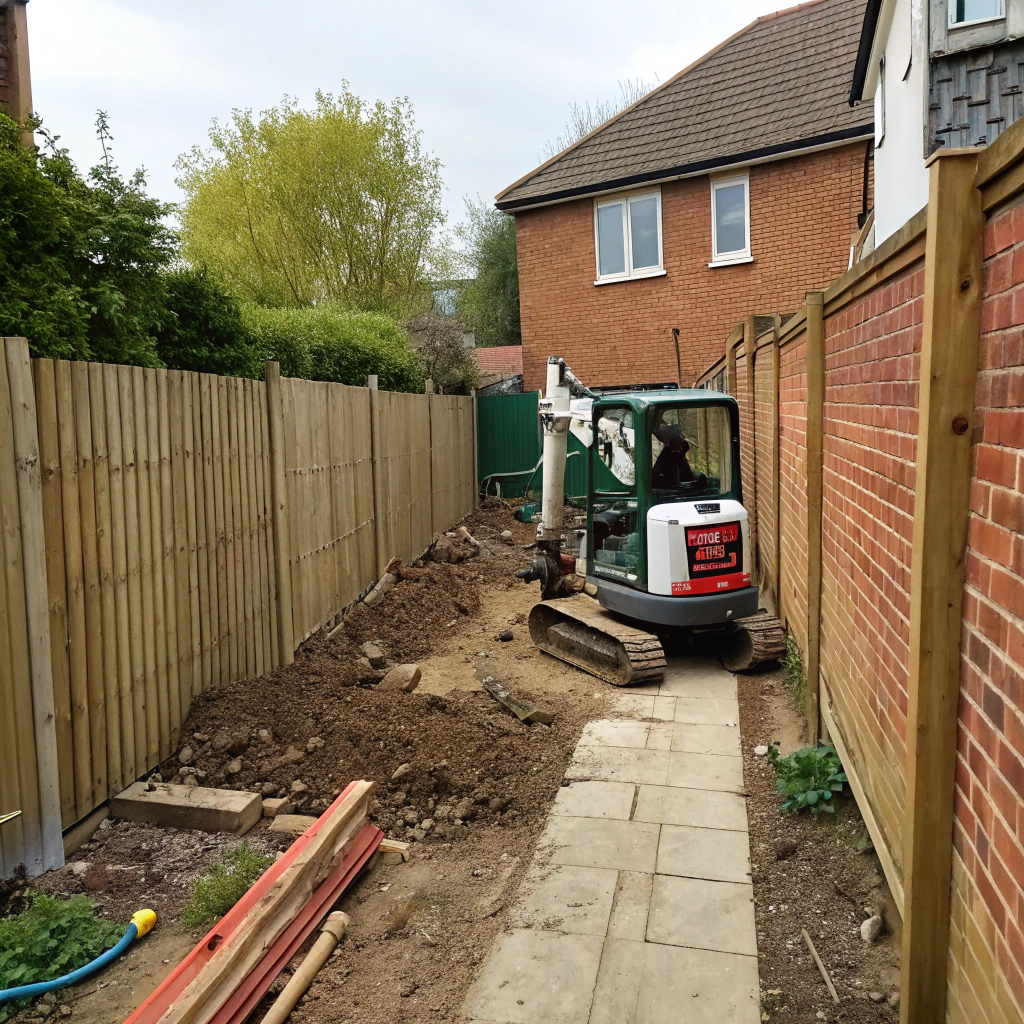Compact excavator working in a tight residential backyard