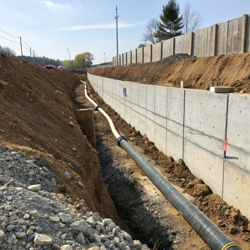 retaining-wall-drainage-ag-pipe-gravel-backfill Retaining wall drainage system ag pipe and gravel backfill installation