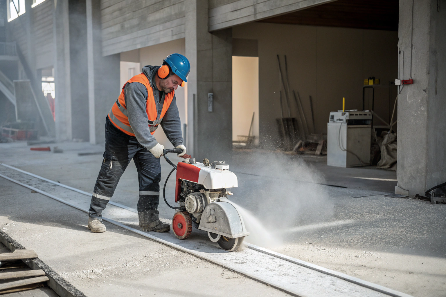 Concrete saw cutting precise boundary line for partial slab removal