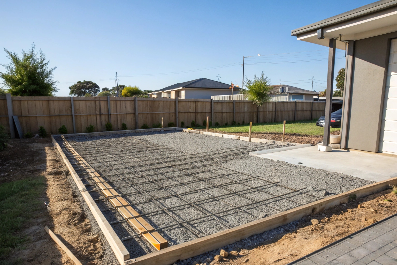 Steel mesh reinforcement on compacted sub-base before concrete slab pour in Coffs Harbour