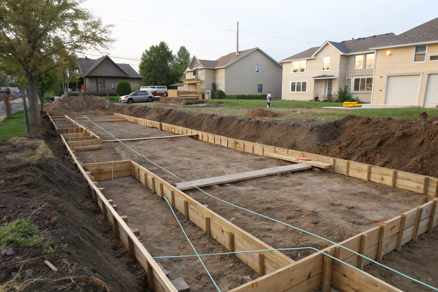 strip-footing-site-setout-profiles-string-lines Site set-out with timber profiles and string lines marking strip footing layout on a residential block